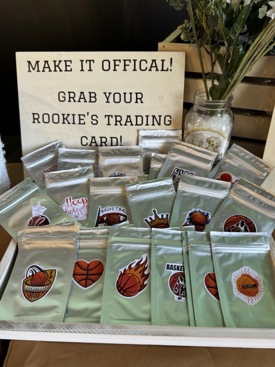 Individually packaged rookie trading cards for a basketball-themed event